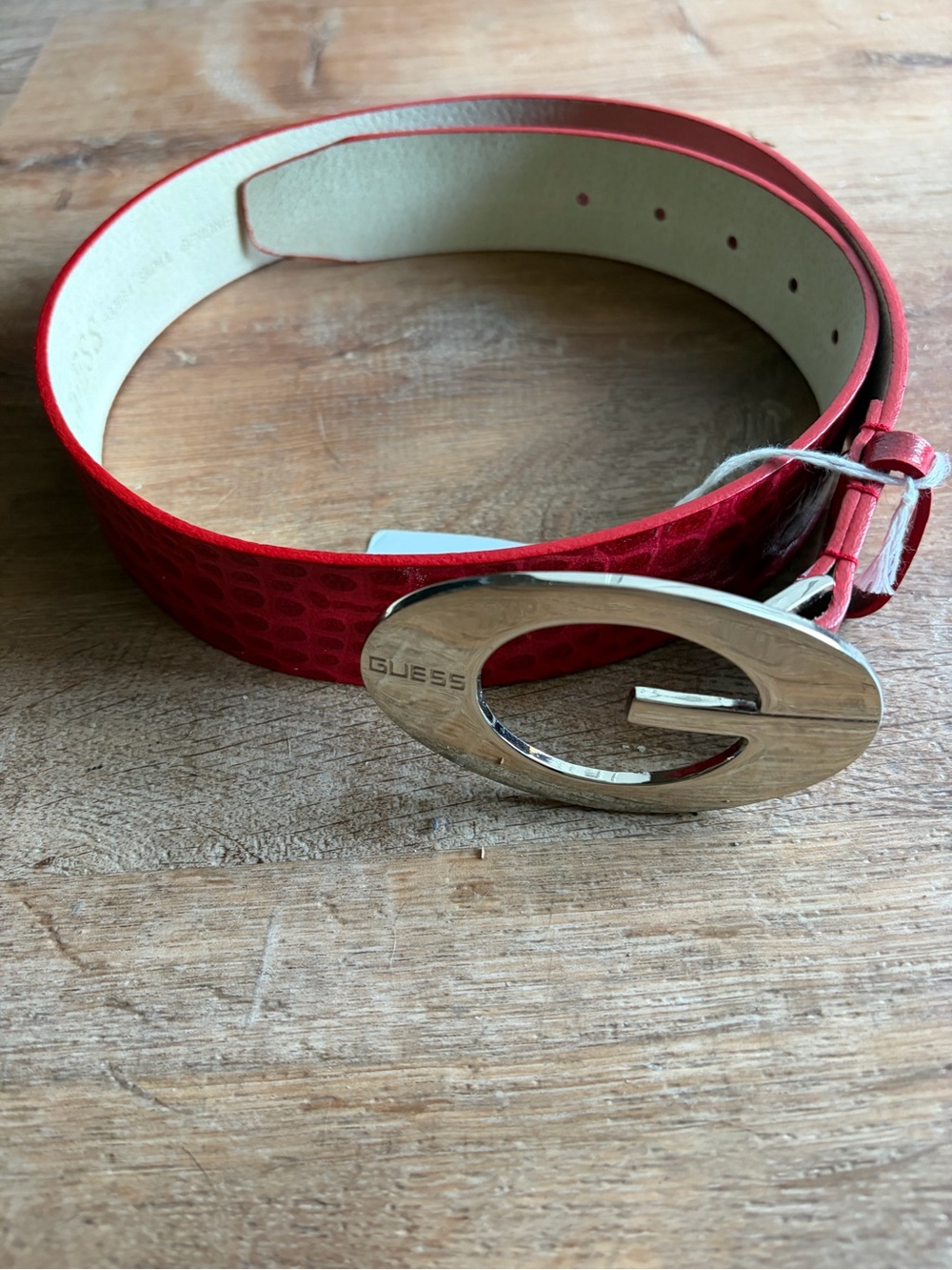 GUESS Red Textured Leather Belt with Silver 'G' Buckle